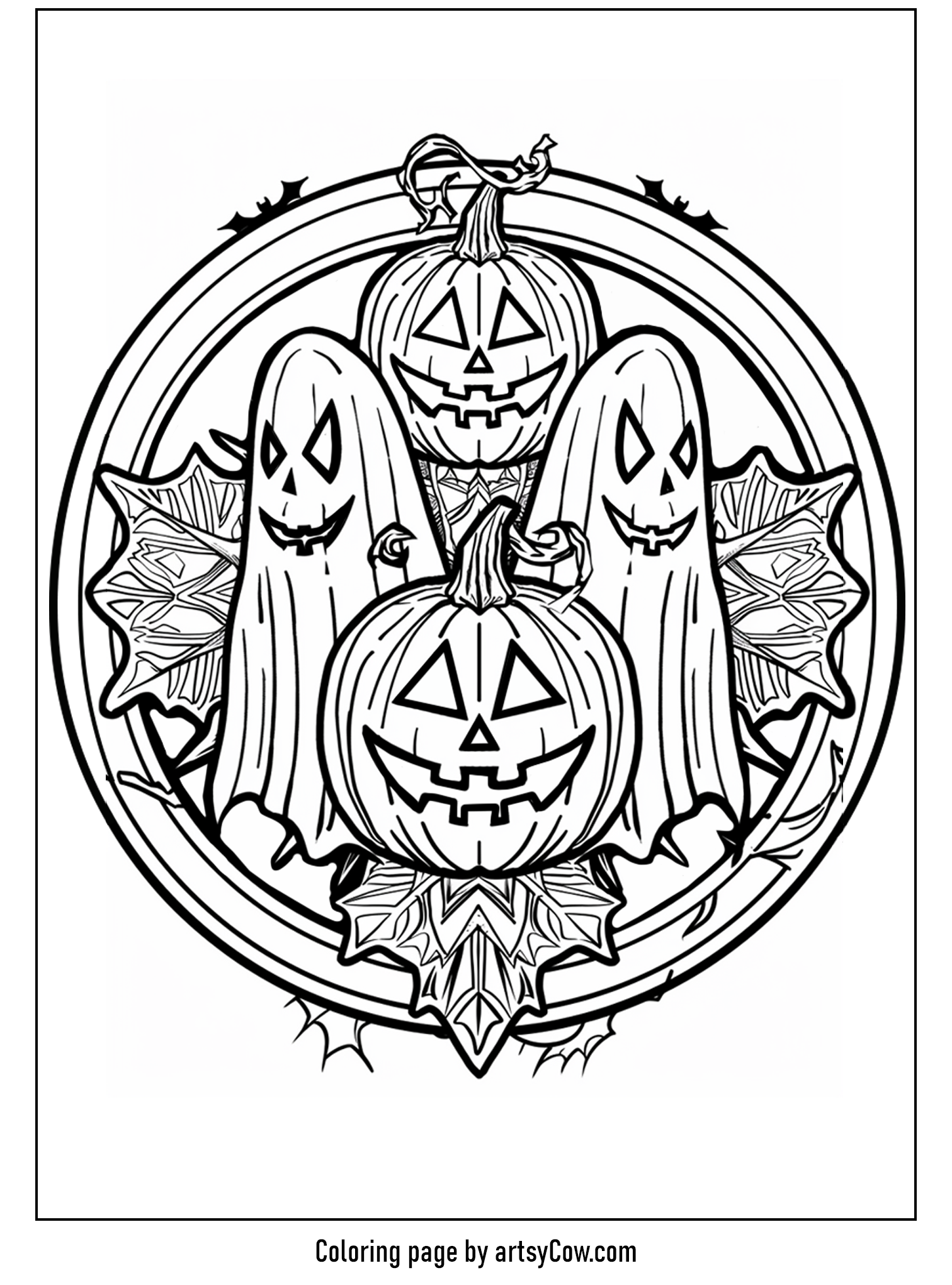 halloween ghost mandala featuring a pumpkin surrounded by three spooky ghosts and autumn leaves, all enclosed in a circular mandala.